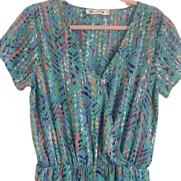 BUDDY LOVE TEAL TROPICAL COLORS ROMPER WITH POCKETS LARGE SNAP GREEN ENCLOSURE - Picture 3 of 5